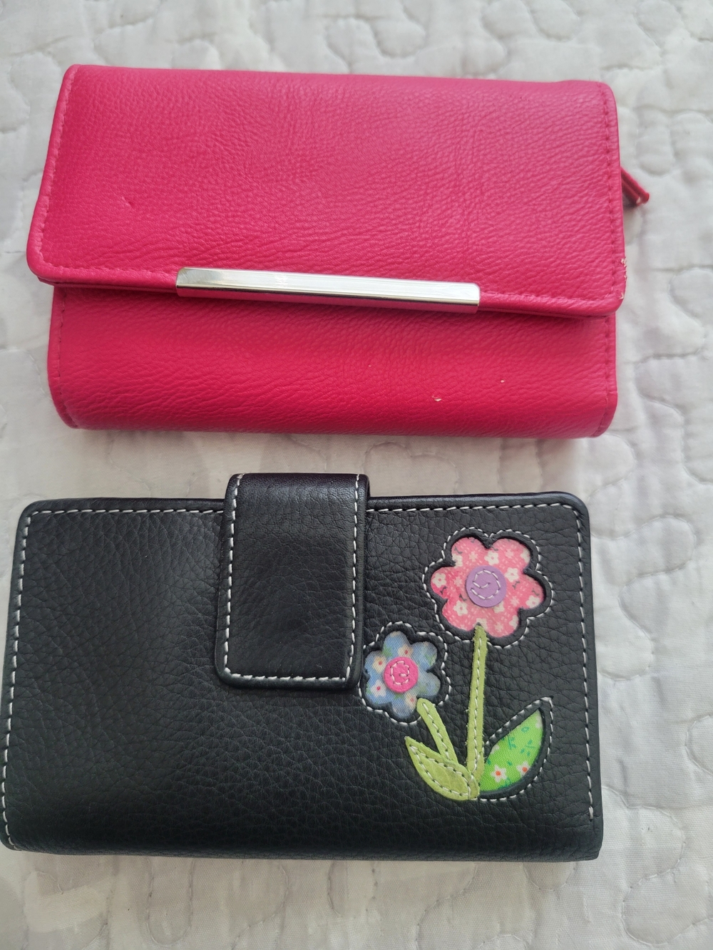 Two Women's Wallets. Pink Safe Keepers, Black With Flowers Genuine Leather